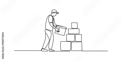 A continuous line drawing of a delivery man stacking cardboard boxes on a white background.