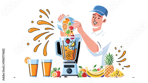 Fresh Juice Creation: A friendly person, meticulously adding fresh fruits into a blender, creating a healthy and refreshing juice experience. capturing a splash of natural flavors and good times.