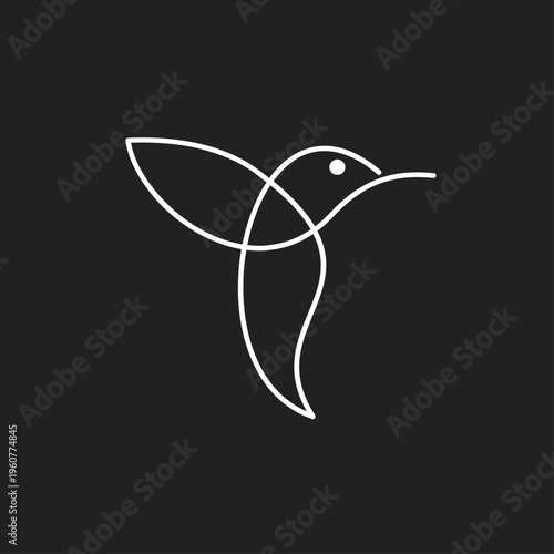 Minimalist White Line Art Hummingbird Logo Design on Black Background