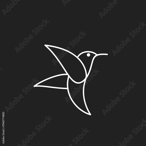 Minimalist White Line Art Hummingbird Icon Flying on Black Background