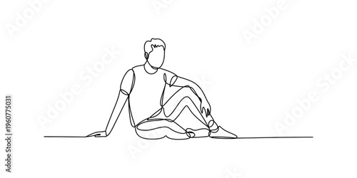 Continuous line drawing of a man sitting on the ground in a relaxed posture on white background