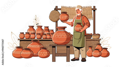 Potter at Work: Witness a skilled potter at their craft, surrounded by meticulously crafted earthen vessels. The scene captures the artistry and dedication of this ancient practice.
