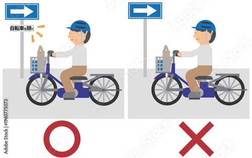 自転車の一方通行で自転車を除く標識の正しい走行と逆走しているイラストセット