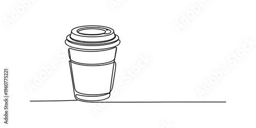 Continuous line drawing of a takeaway coffee cup with a lid and sleeve on a white background.