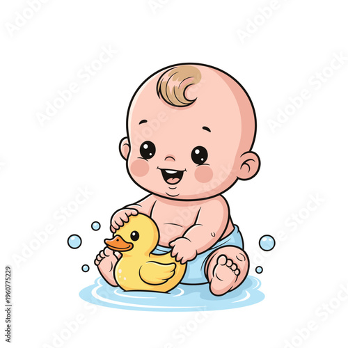 Happy Baby Playing with Rubber Duck in Water, Cute Baby Bath Time Cartoon Illustration