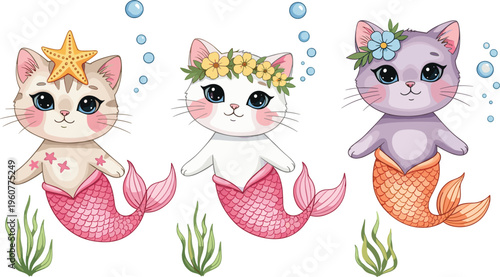 Cute mermaid cats characters set with underwater fantasy kittens, sea elements, starfish and floral crowns cartoon vector illustration collection