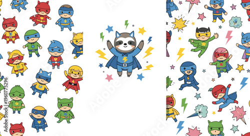 Cute superhero animals characters set with raccoon, cats and kids in costumes with masks, capes and comic elements cartoon vector illustration