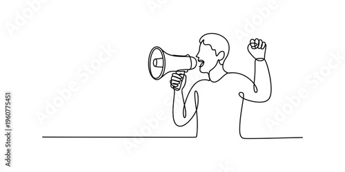 Continuous line drawing of a man shouting into a megaphone with his fist raised in the air.