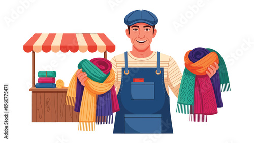 Vendor with Scarves: A vibrant illustration showcasing a cheerful vendor proudly holding up colorful scarves at a bustling market, inviting customers with warmth and a display of his products.