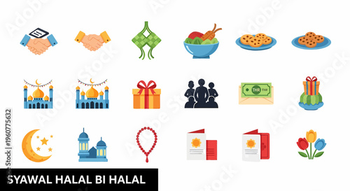 Ramadan Kareem halal food icons set.