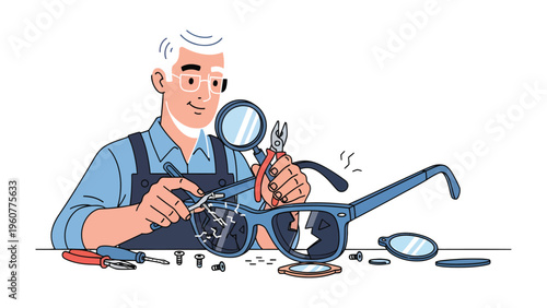 Spectacle Repair: A craftsman meticulously repairs a broken pair of spectacles, utilizing precision tools and magnifying glass to restore clarity and function.