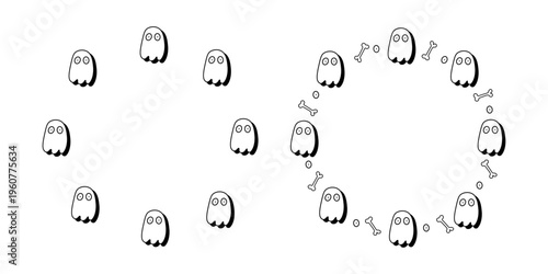 Set of two round frames. Funny ghost with big round eyes and bones. Celebrating Halloween, All Saints Day. Cartoon vector design. Black and white color.