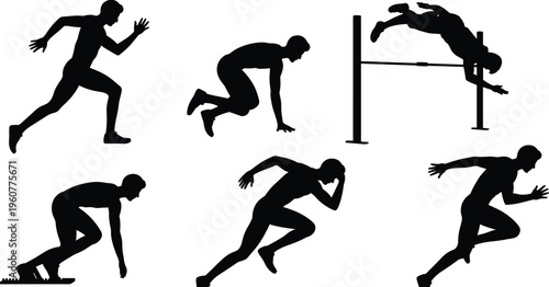Silhouettes of six athletes performing sprinting and jumping poses, symbolizing speed, agility, strength, and technique in dynamic track and field sports activities