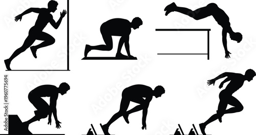 Silhouettes of six male athletes performing sprinting and hurdling poses, symbolizing speed, strength, agility, and technique in dynamic track and field sports