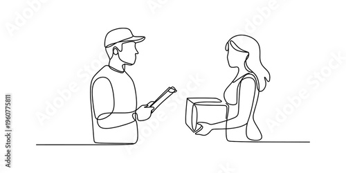 Delivery man in a cap giving a package box to a woman customer in continuous line art style.