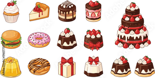 Delicious dessert and cake collection with cupcakes, donuts, chocolate cakes, strawberry toppings and sweet bakery treats cartoon vector illustration set