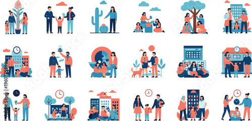 Family daily life activities set with parents, children and pets in outdoor, home and social scenes flat vector illustration collection