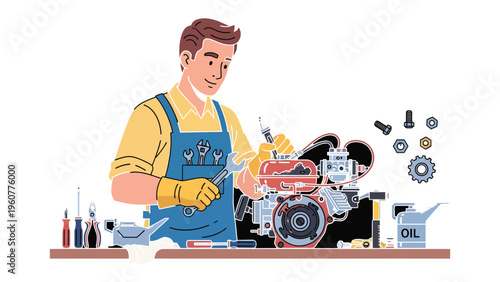 Mechanic at Work: A skilled mechanic meticulously repairs a mechanical device, surrounded by tools of the trade. The scene depicts precision and dedication.