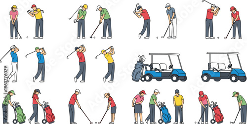 Golf players and equipment set with golfers swinging clubs, putting, carrying bags and golf cart flat vector illustration collection