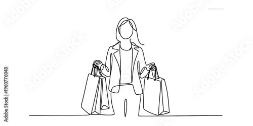 Continuous line drawing of a stylish woman carrying multiple shopping bags after a spree.