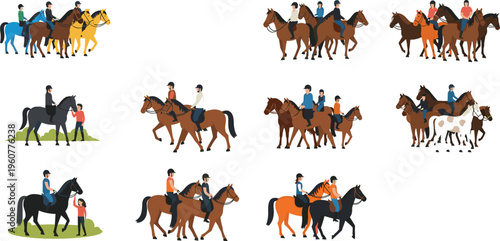 Horse riding people set with riders on horseback, equestrian activities, training and outdoor recreation flat vector illustration collection