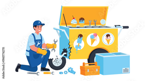 Ice Cream Cart Repair: An illustration depicts a skilled vendor, meticulously repairing an ice cream cart, showcasing the blend of service, treats, and craftsmanship.