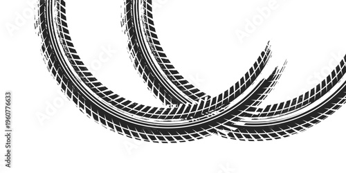 Grunge tire track, wheel braking marks. Truck, car or motorcycle tread pattern silhouette. Auto race, motorsport, speed racing design element.