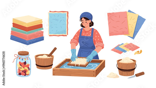 Paper Crafting Illustration: A craftsperson is meticulously immersed in creating paper sheets through a hands-on process, highlighting the artistic method.