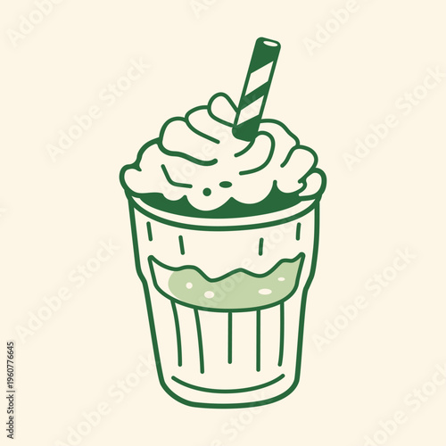 Frappe with whipped cream. Coffee in a glass with a straw. Illustration in a green style.