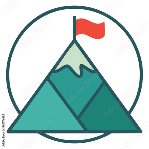 Vector Illustration Of Success Top Of The Mountain With Red Flag For Victory Isolated Vector Illustration On White Background