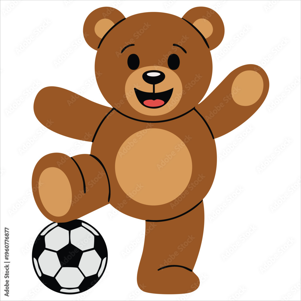 Fototapeta premium Playful Teddy Bear Cartoon Character Kicking a Soccer Ball High into the Air