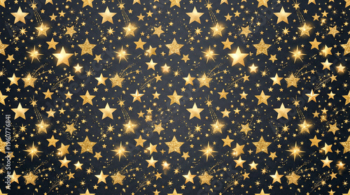  Patrón repetitivo de estrellas doradas sobre fondo oscuro. Ideal para diseños festivos, celebraciones o decoración elegante.
