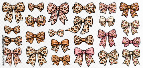 Large collection of leopard print bows in blush pink, beige and caramel tones, trendy coquette ribbon clipart set for feminine stickers, boutique branding, cards and fashion decor. Vector illustration