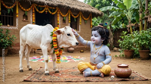 Blue skinned child petting white cow with colorful garland on a rug outside a hut