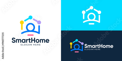 Creative simple smart home logo template. Modern home with dot connection, circuit symbol house tech logo design vector illustration.