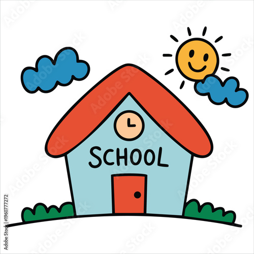 Colorful Student Art Project Showing School Building and Playground isolated vector illustration on white background
