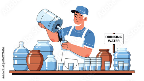 Pouring Water: A person pouring fresh, clear water into glasses, promoting the importance of hydration. 