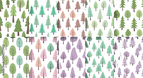 Seamless forest tree patterns collection stylized woodland backgrounds vector illustration set