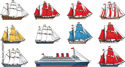 Sailing ships collection vintage sailboats and ocean liner nautical transport vector illustration set