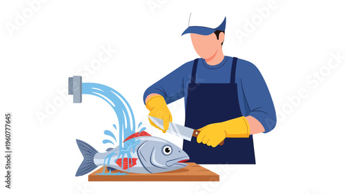 Mastering the Catch: A culinary artist expertly prepares fresh seafood, demonstrating skill and precision. The scene captures the artistry of food preparation.