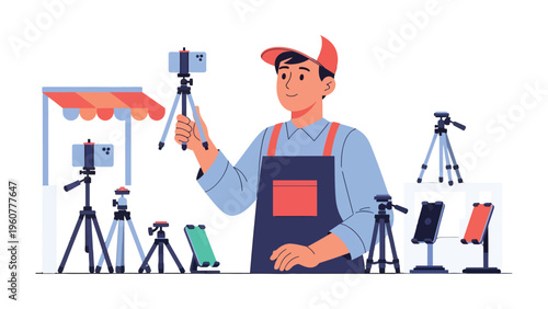 Seller Displaying Phone Tripods: A diligent seller presents a collection of phone tripods, ready for purchase, showcasing their product line in a retail display setting.