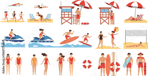 Summer beach activities and vacation people set with surfing, swimming, lifeguard, sunbathing and water sports flat vector illustration collection