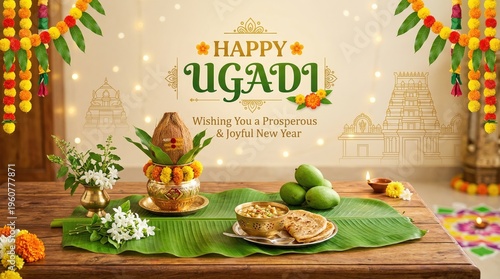 Ugadi celebration with traditional indian food and decorations on a wooden table