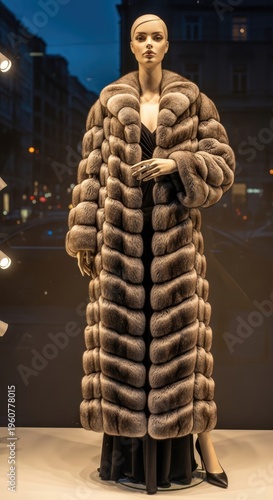 Woman wearing luxurious fur coat outside.