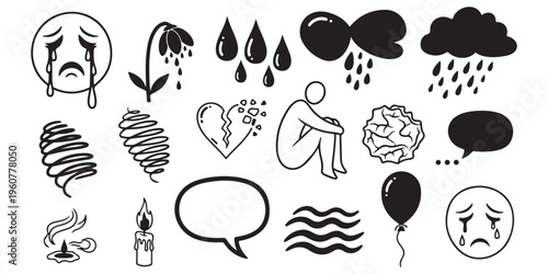 Sadness and depression doodle set with crying face broken heart rain cloud and lonely person vector icons