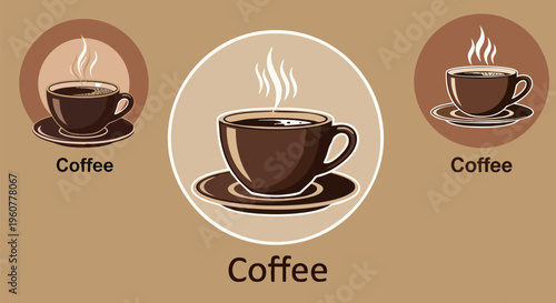 Vintage coffee cup logo set, brown espresso mugs with steam in circular frames, retro cafe branding vector icons for shop signage and menus