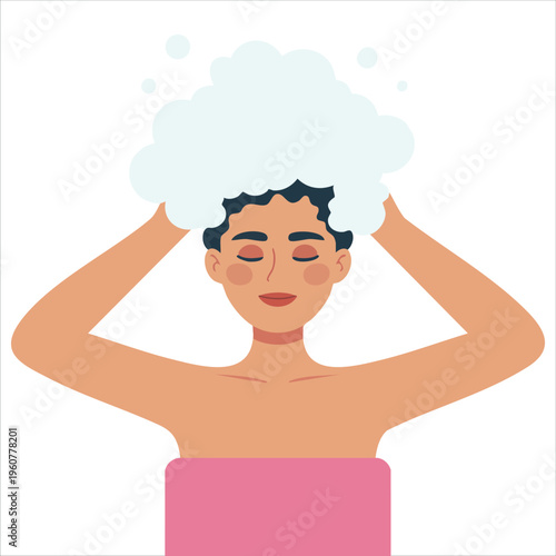 Woman Using Shampoo for Hair Care isolated vector illustration on white background