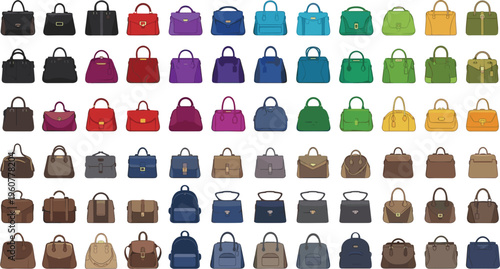 Women handbags collection with various styles, colors and fashion purse designs for accessories and retail flat vector illustration set