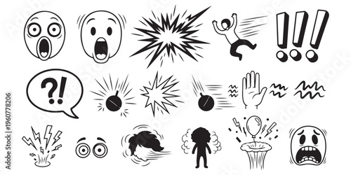 Fear and alarm doodle collection with startled characters falling people exclamation points and bombs icon.