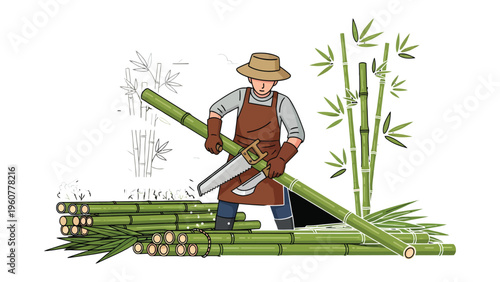 Bamboo Harvest: A craftsperson diligently saws through a length of bamboo, the scene showcasing the traditional craft.